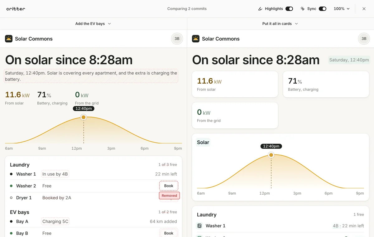 Two versions of a shared-solar app side by side in Critter, each under its own header, with reworded copy highlighted and a dropped Book button tagged Removed.